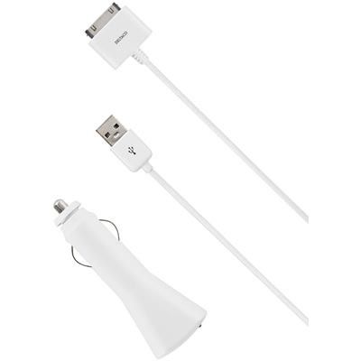DELTACO billaddare med USB kabel för iPhone 3GS, 4, 4S och iPad (Vit)