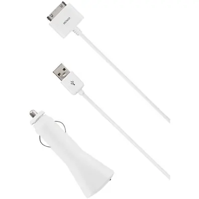 DELTACO billaddare med USB kabel för iPhone 3GS, 4, 4S och iPad (Vit)