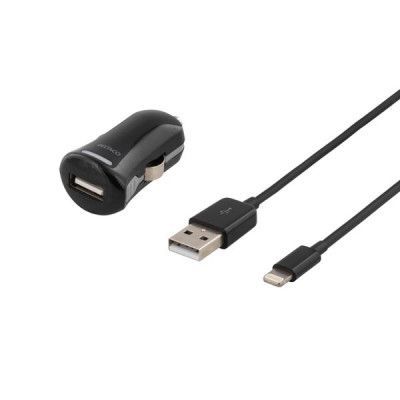 DELTACO Billaddare, synk-/laddarkabel med lightning-kontakt, MFi, 1m, svart