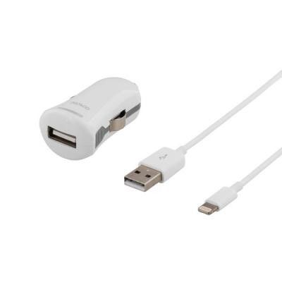 DELTACO Billaddare synk-/laddarkabel med lightning-kontakt MFi 1m - vit