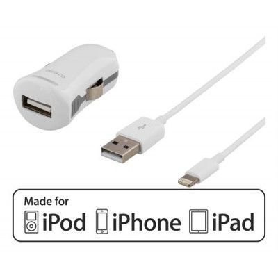 DELTACO Billaddare synk-/laddarkabel med lightning-kontakt MFi 1