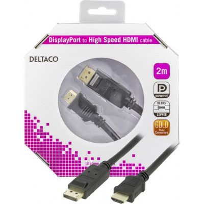 DELTACO DisplayPort till HDMI monitorkabel 30Hz, 2m - Svart