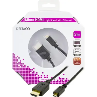 DELTACO HDMI-kabel, 1,4+E, 19-pin ha-Micro 19-pin ha, 1080p, svart, 3m