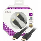 DELTACO HDMI-kabel, v1,4+Ethernet, 19-pin ha-ha, 1080p, flat,sv,1,5m