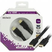 DELTACO HDMI-kabel, v1,4+Ethernet, 19-pin ha-ha, 1080p, flat,svart, 1m