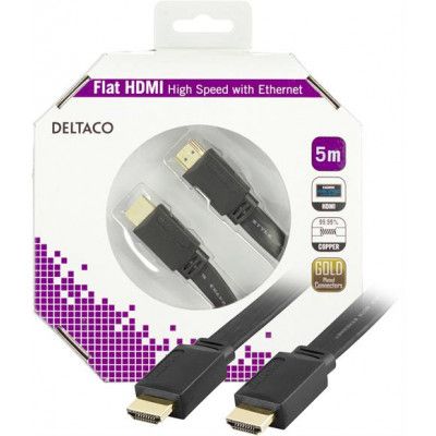 DELTACO HDMI-kabel, v1,4+Ethernet, 19-pin ha-ha, 1080p,flat,svart, 5m
