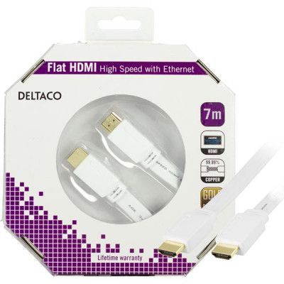 DELTACO HDMI-kabel, v1,4+Ethernet, 19-pin ha-ha, 1080p,flat,vit, 7m