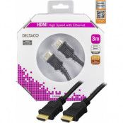 DELTACO HDMI-kabel, v1,4+Ethernet, 19-pin ha-ha, 1080p, svart, 3m