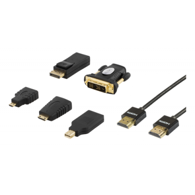 DELTACO HDMI/DisplayPort/DVI adapter kit inklusive HDMI-kabel 2m - Svart
