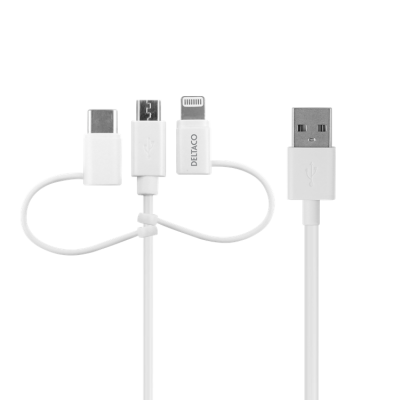 Deltaco 3in1 microUSB Typ-C Lightning Kabel 1 m - Vit