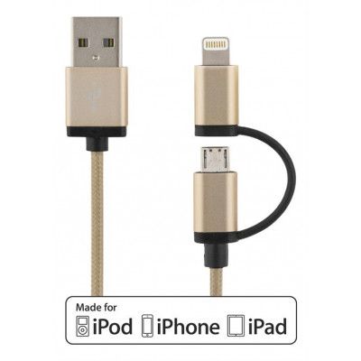 DELTACO PRIME lightning och Micro USB synk-/laddarkabel, MFi, 2m, guld