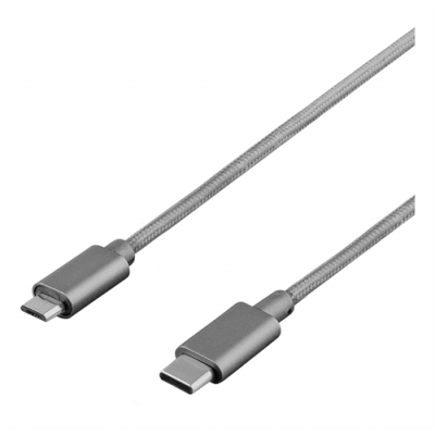 DELTACO PRIME USB 2.0 kabel, tygklädd, USB-C till microUSB 1m - Grå