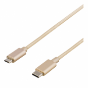 DELTACO PRIME USB 2.0 kabel, tygklädd, USB-C till microUSB 1m - Guld