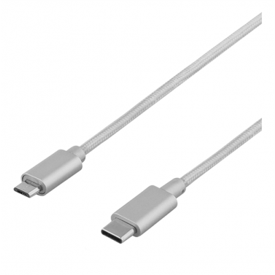 DELTACO PRIME USB 2.0 kabel, tygklädd, USB-C till microUSB 1m - Silver