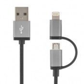 Deltaco Prime USB-synk-/laddarkabel, MFi, USB Micro och lightning, 1m, svart