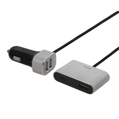 DELTACO Quick Charge billaddare, 3xUSB, 1xUSB Typ C, silver/svart