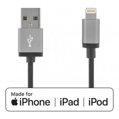 Deltaco Tygklädd Lightning kabel, 2m - Svart