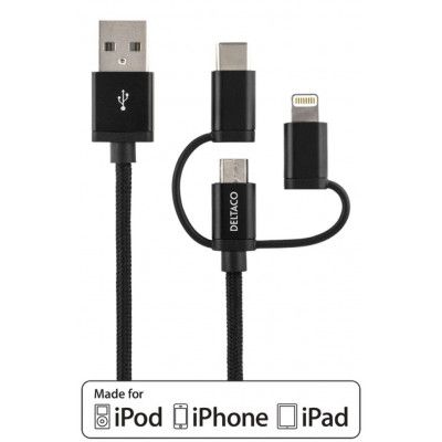 Deltaco Tygklädd Lightning, Micro USB och USB-C - Svart