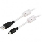DELTACO USB 2.0 kabel Typ A Hane - Typ Mini B Hane, ferritkärnor, 1m, vit/svart