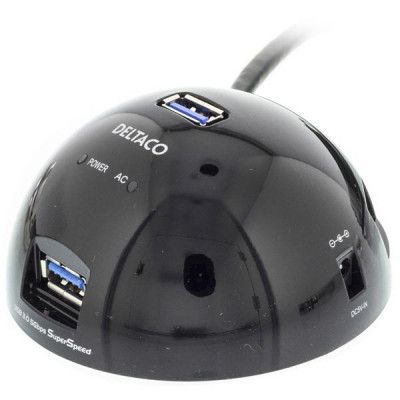 DELTACO USB 3,0-hubb, 4x Portar, direktansluten kabel, 10m, svart