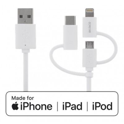 Deltaco USB-C / Micro USB / Lightning-synk-/ laddarkabel - Vit