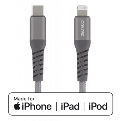 DELTACO USB-C till Lightning kabel, 1m, PD, tygbeklädd, USB 2.0
