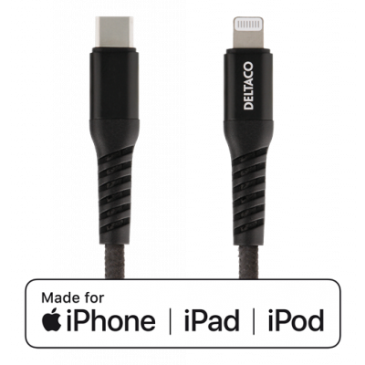 DELTACO USB-C till Lightning kabel, 1m, PD, tygbeklädd, USB 2.0