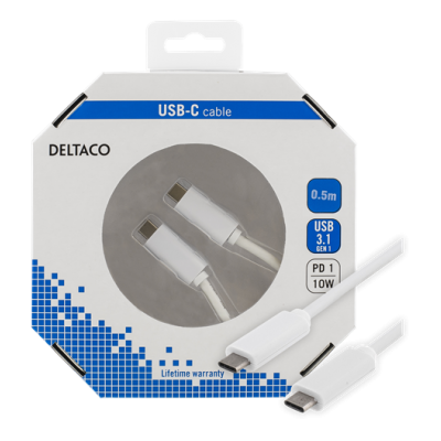 Deltaco USB-kabel USB-C till USB-C 2A, 0,5 m - Vit