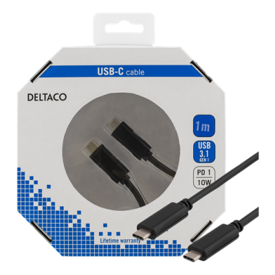 Deltaco USB-kabel USB-C till USB-C 2A, 1 m - Svart