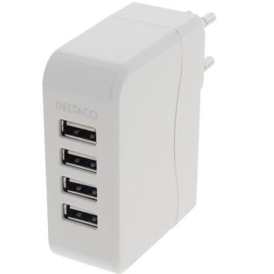 DELTACO USB-laddningsstation, 100-240V till 5V USB, 4xUSB-portar, 4,5A, vit
