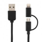 DELTACO USB-synk-/laddarkabel , MFi, USB Micro och lightning, 2m, svart