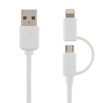 DELTACO USB-synk-/laddarkabel , MFi, USB Micro och lightning, 2m, vit