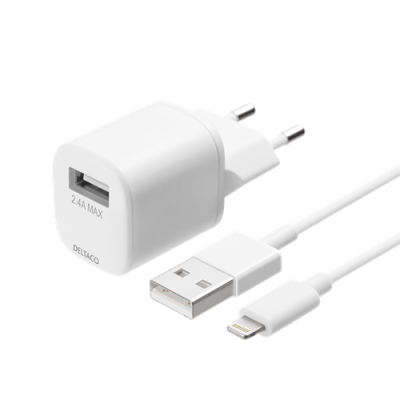 Deltaco - Väggladdare Med Usb-A Till Lightning kabel 1m - Vit