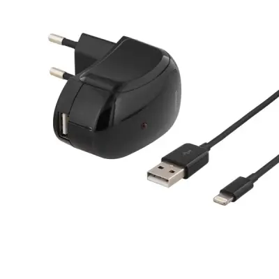 DELTACO väggladdare, synk-/laddarkabel med lightning-kontakt, MFi, 1m, svart