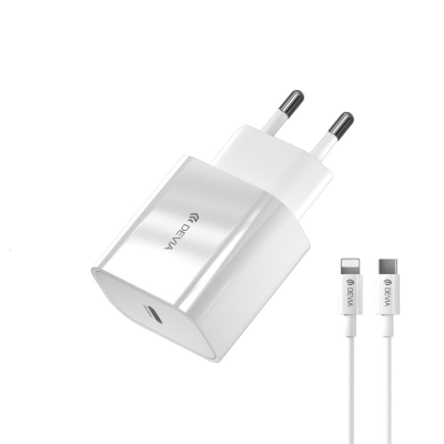 Devia Väggladdare 20W USB-C + USB-C Till Lightning Kabel - Vit