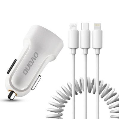 Dudao 2x USB 2.4A Laddare + 3in1 lightning/Type C/microUSB Kabel Vit