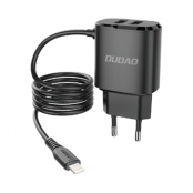 Dudao 2x USB Väggladdare med built-in lightning 12 W Kabel Svart