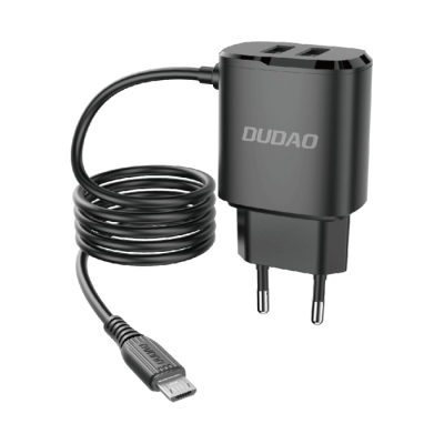 Dudao 2x USB Väggladdare med built-in micro USB 12 W Kabel Svart