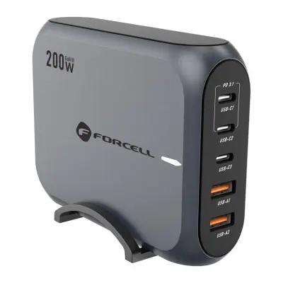 Forcell Snabbladdare 200W 3xUSB-C 2xUSB-A PD QC 4.0 GaN III SFC 2.0 5A