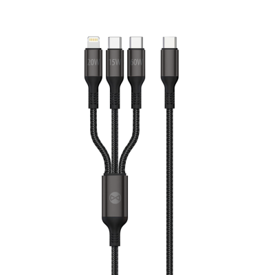 Forever 3in1 USB-C/2x USB-C/Lightning Kabel 1.2m 60W - Svart