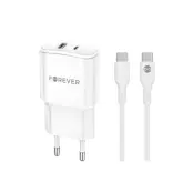 Forever Väggladdare USB/USB-C 20W med USB-C/USB-C Kabel QC PD