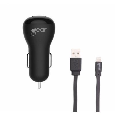 GEAR Laddare 12-24V 1xUSB 1A  Lightning Kabel platt 1m MFI - Svart