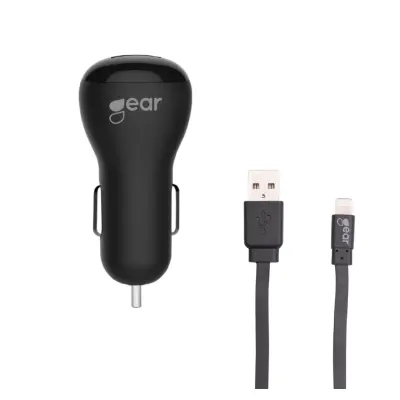 GEAR Laddare 12-24V 2xUSB 2,4A  Lightning Kabel platt 1m MFI - Svart