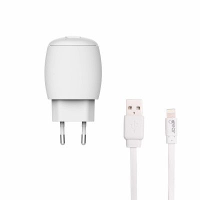 GEAR Laddare 220V 2xUSB 2,4A Lightning Kabel platt 1m MFI - Vit