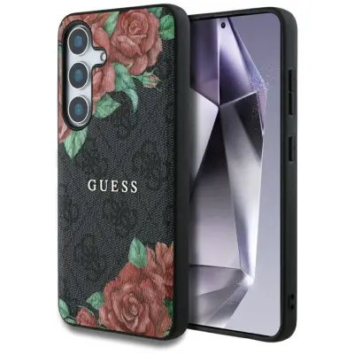 Guess Galaxy S25 Mobilskal MagSafe Flowers Print Metal Logo - Svart