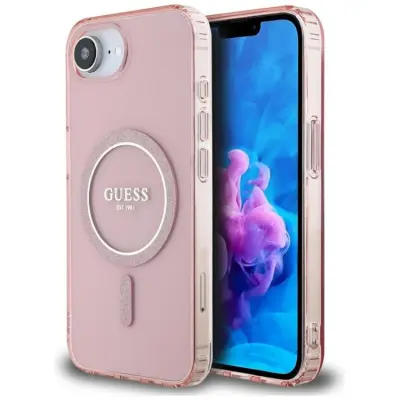 Guess iPhone 16e Mobilskal MagSafe IML Glitter Circle - Rosa