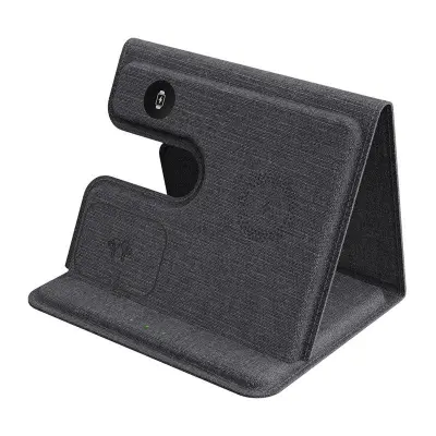 GY-17AIR 3-i-1 PU-läder Fällbar Trådlös Laddare för Telefon, Klocka, Hörlurar