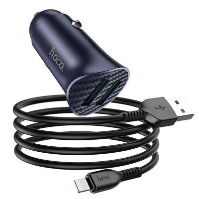 HOCO 2 x USB Billaddare QC3.0 18W + Lightning 8-pin Kabel - Blå