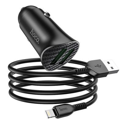 HOCO 2 x USB Billaddare QC3.0 18W + Lightning Kabel - Svart