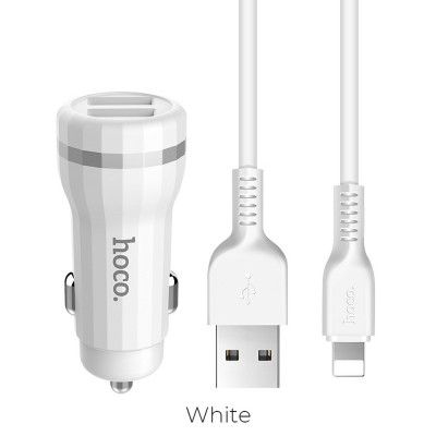 HOCO Billaddare 2 x USB 2.4A + Lightning 8-pin Kabel Z27 - Vit